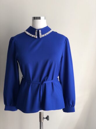 شومیز یقه كار شده آبی کاربنی